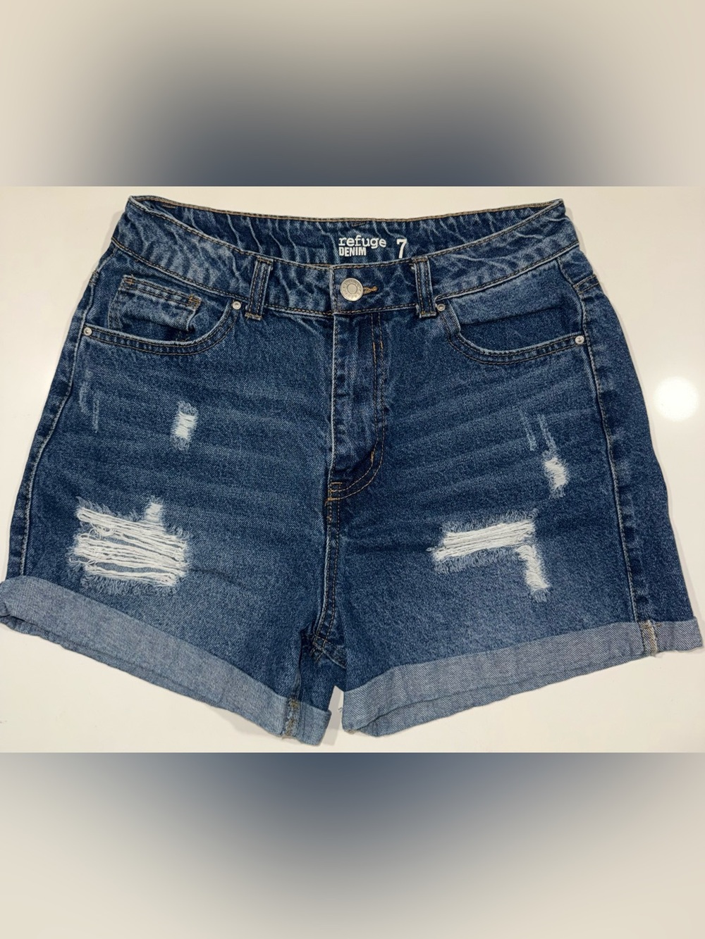 refuge Dark Blue Distressed Rolled-Hem Jean Shorts